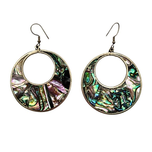 Vintage 70s Silver Plated Fork Wrap Bracelet & Abalone Shell Earrings Set Women - Picture 9 of 10